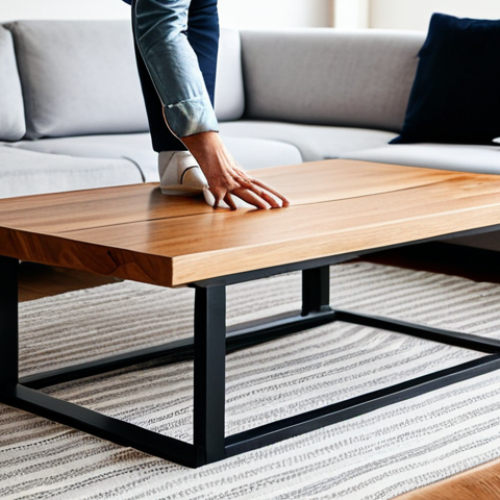 Home 14 A contemporary urban living room featuring smart, space-saving wooden furniture. A sleek, multi-functional wooden coffee table is transforming into a dining table, showcasing innovative design. The room is well-lit with natural light, featuring clean lines and a minimalist aesthetic. A person is casually interacting with the furniture, fully clothed in appropriate attire, displaying perfect anatomy, correct proportions, and a natural pose. The image emphasizes the warmth and natural texture of the wood. Professional photography, high quality, safe for work, appropriate content, fully clothed, modest, well-formed hands, proper finger count, natural body proportions.