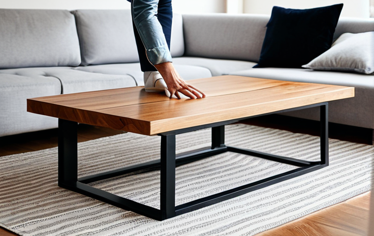 A contemporary urban living room featuring smart, space-saving wooden furniture. A sleek, multi-functional wooden coffee table is transforming into a dining table, showcasing innovative design. The room is well-lit with natural light, featuring clean lines and a minimalist aesthetic. A person is casually interacting with the furniture, fully clothed in appropriate attire, displaying perfect anatomy, correct proportions, and a natural pose. The image emphasizes the warmth and natural texture of the wood. Professional photography, high quality, safe for work, appropriate content, fully clothed, modest, well-formed hands, proper finger count, natural body proportions.