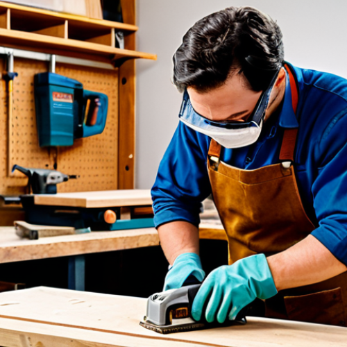 Home 7 A focused woodworker, fully clothed in professional, modest work attire, carefully using a handheld sander on a piece of unfinished wood on a sturdy workbench. The well-organized woodworking workshop features various hand tools neatly hung on a pegboard and a modern table saw in the background. Adequate lighting illuminates the workspace. The woodworker wears appropriate safety glasses and gloves, maintaining a natural pose. Perfect anatomy, correct proportions, well-formed hands, proper finger count, natural body proportions. Professional photography, high detail, realistic, safe for work, appropriate content, fully clothed, family-friendly.