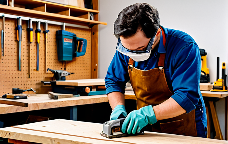 A focused woodworker, fully clothed in professional, modest work attire, carefully using a handheld sander on a piece of unfinished wood on a sturdy workbench. The well-organized woodworking workshop features various hand tools neatly hung on a pegboard and a modern table saw in the background. Adequate lighting illuminates the workspace. The woodworker wears appropriate safety glasses and gloves, maintaining a natural pose. Perfect anatomy, correct proportions, well-formed hands, proper finger count, natural body proportions. Professional photography, high detail, realistic, safe for work, appropriate content, fully clothed, family-friendly.