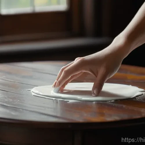 Home 22 목재 가구 수리 방법 - **Prompt:** A warm, inviting close-up shot of a woman's hands gently rubbing a small amount of white...