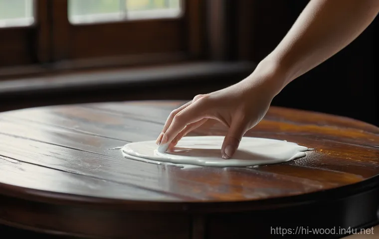 목재 가구 수리 방법 - **Prompt:** A warm, inviting close-up shot of a woman's hands gently rubbing a small amount of white...
