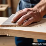 Home 14 목재 연마 기법 비교 - A detailed close-up image of a skilled craftsman hand-sanding a softwood plank, such as pine, with l...