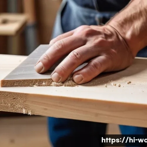 Home 26 목재 연마 기법 비교 - A detailed close-up image of a skilled craftsman hand-sanding a softwood plank, such as pine, with l...