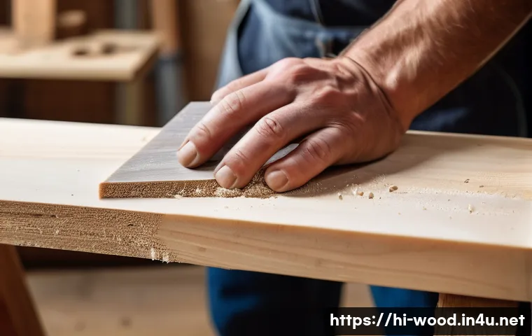 목재 연마 기법 비교 - A detailed close-up image of a skilled craftsman hand-sanding a softwood plank, such as pine, with l...