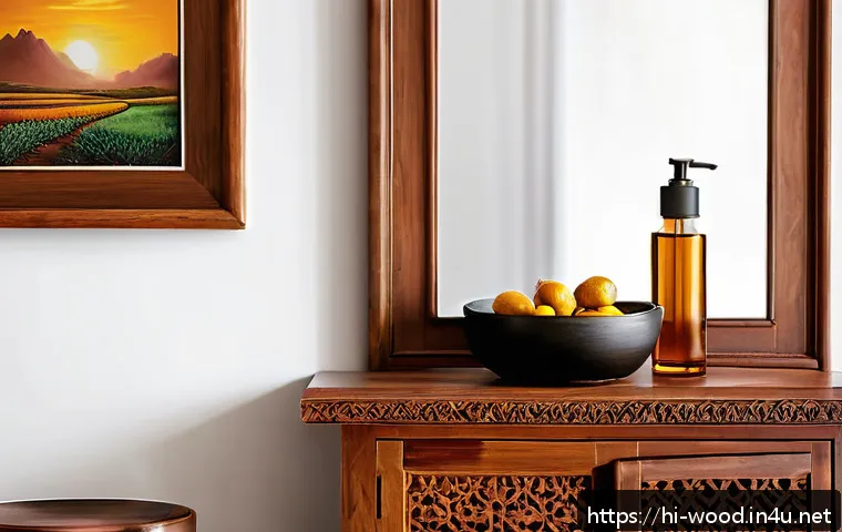목재 오일 및 바니시 비교 - A cozy Indian living room scene featuring traditional wooden furniture treated with natural oil fini...