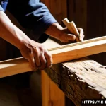 Home 21 한옥 목재 건축 기술 - Photorealistic close-up of a master Korean hanok carpenter shaping a thick pine beam with traditiona...