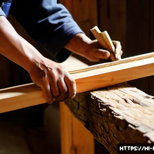 Home 15 한옥 목재 건축 기술 - Photorealistic close-up of a master Korean hanok carpenter shaping a thick pine beam with traditiona...