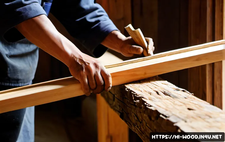 한옥 목재 건축 기술 - Photorealistic close-up of a master Korean hanok carpenter shaping a thick pine beam with traditiona...