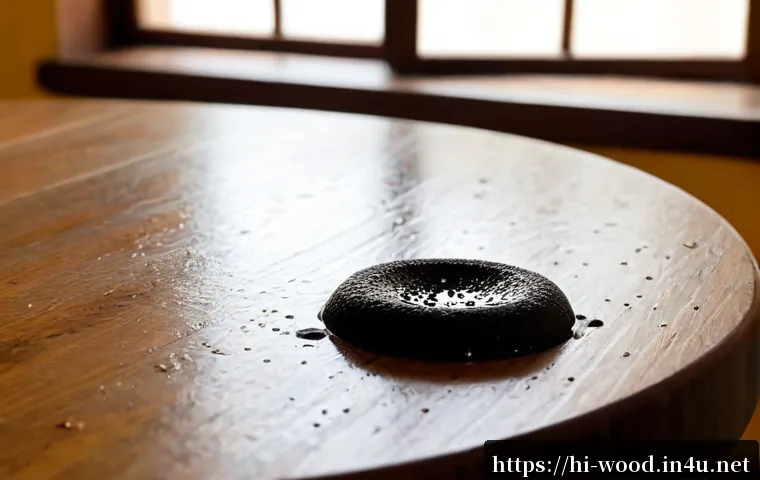 Home 17 목재 변색 원인과 해결책 - Photorealistic close-up of a wooden tabletop showing clear side-by-side discoloration causes: pale s...