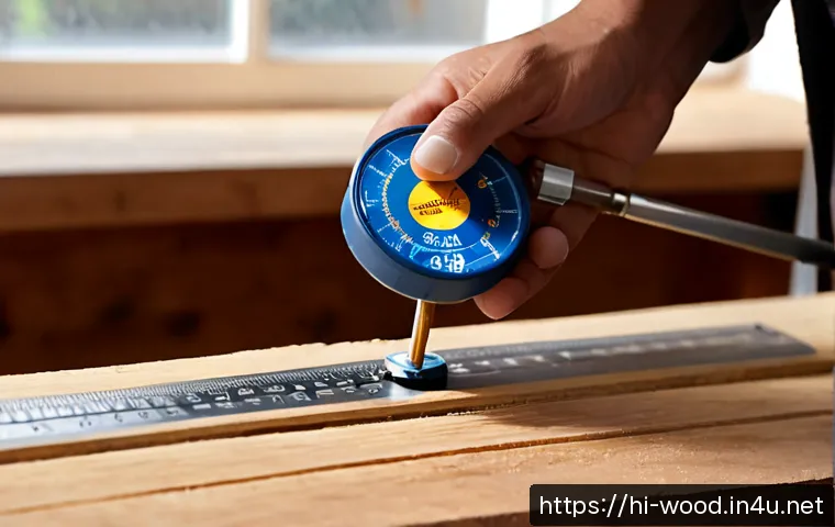 목재 수분 측정 방법 - Photorealistic close-up of a carpenter using a handheld pin moisture meter on the edge of a freshly ...